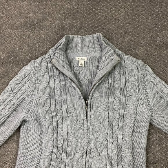 LL Bean Full Zip Cardigan Sweater Women's Medium Gray Cable Knit Chunky 517893 - Picture 3 of 12
